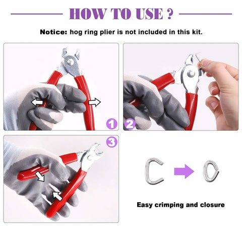 Image showing how to use Heavy Duty Galvanized Hog Rings Assortment Kit 1000 Pcs 3 8 Inch Steel Loop Pins with pliers.