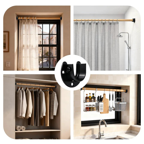 Stainless Steel Closet Rod Holders Set For 1-1/4 Inch Poles, U-Shaped Wall Mount Brackets End Supports, Anti Slip Locking Design, Durable Black Finish, 2 Pack on closet rod, shower curtain, and shelf installations