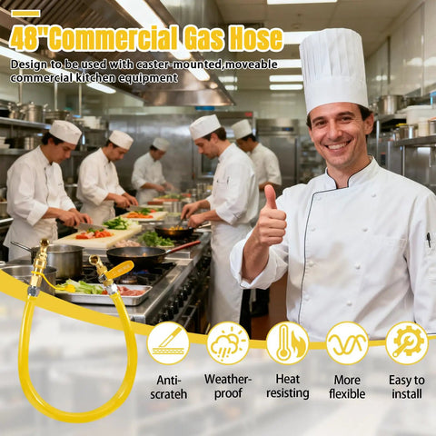 Heavy Duty Beefed Up Three Quarter Inch Gas Line Hose Kit With Safety System for Commercial Kitchens displayed in kitchen setting
