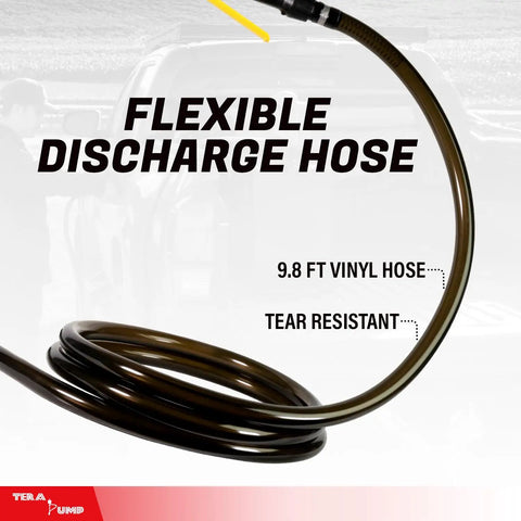 Flexible 9.8 ft vinyl discharge hose for Heavy Duty Electric Fuel Transfer Pump For 15 To 55 Gallon Drums 3.3 Gpm Flow.