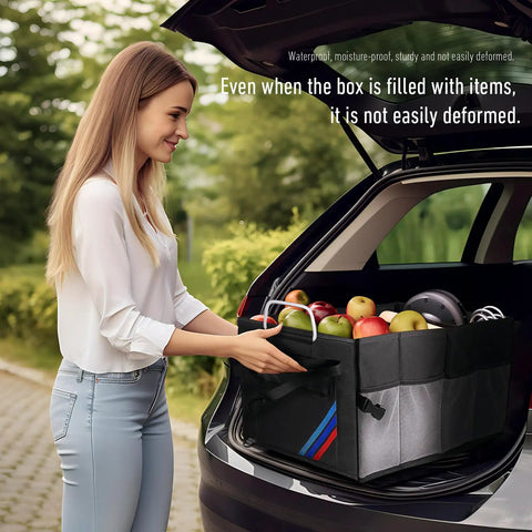 Trunk Organizer For Cars And SUVs Portable And Collapsible Waterproof Oxford Cloth with Aluminum Handle, ideal for camping and storage, shown in car trunk with groceries.