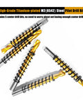 Five Pro Grade M2 HSS Pilot Drill Bits Titanium Coated Center Pins with gold finish, ideal for precision metal cutting.