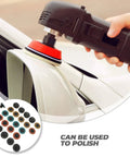 35 Piece Sanding Disc Polishing Kit with handle polishing a car mirror, includes abrasive wheels and alloy steel shanks for metal polishing.