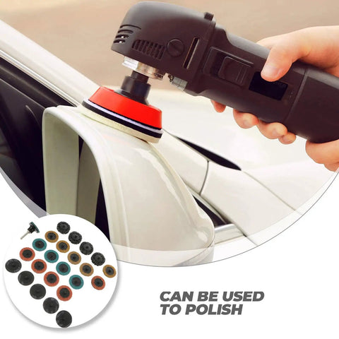 35 Piece Sanding Disc Polishing Kit with handle polishing a car mirror, includes abrasive wheels and alloy steel shanks for metal polishing.