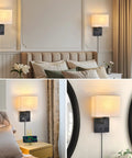 Plug In Wall Sconce Hits Different With Touch Dimmer, Matte Black Metal Base Wrapping Soft Cream Fabric Drum Shade, Straight Out The Box AC Outlet And USB Port, Zero Wiring Hassle For Cozy Bedroom Or Hotel Lobby in elegant bedroom setting.