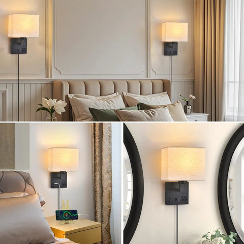 Plug In Wall Sconce Hits Different With Touch Dimmer, Matte Black Metal Base Wrapping Soft Cream Fabric Drum Shade, Straight Out The Box AC Outlet And USB Port, Zero Wiring Hassle For Cozy Bedroom Or Hotel Lobby in elegant bedroom setting.