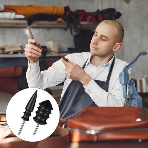 Hella Smooth Rotary Leather Burnisher Bits Set With Multi Groove Polishing Heads in a crafting workspace, showcasing use on leather.