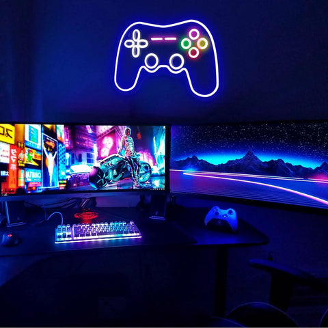 Dope Gamepad Neon Sign For Wall Decor above dual monitor PC setup, vibrant LED glow enhancing gamer room ambiance