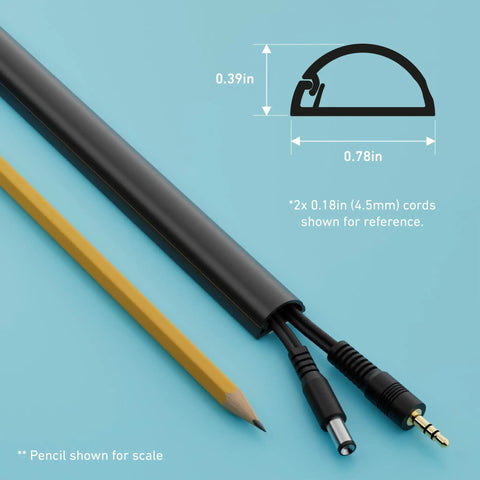 Cord Hider Kit Paintable Black Peel And Stick 4 Pack Each 39 Inch Lengths showing size with cables and pencil for scale.