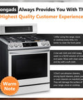 Gas range with cleaning instructions displayed on screen, titled 'Longads Highest Quality Customer Experience'