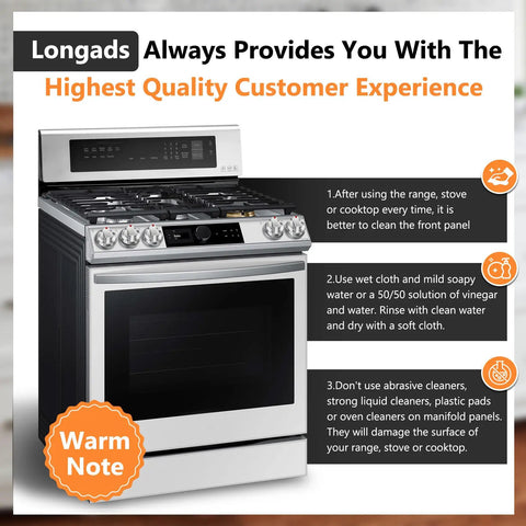 Gas range with cleaning instructions displayed on screen, titled 'Longads Highest Quality Customer Experience'