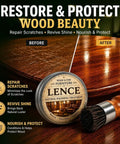 Wood Care Balm And Furniture Polish With Almond Scratch Fixer - Slaps At Removing Dings And Keeping Wood Looking Crisp - Lowkey Essential Table Cabinet Polish Formula One Pack, showing before and after wood finish with polishing brush.