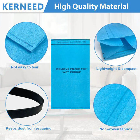 Close-up of eight pack wet dry filter bags for 2.5 to 5 gallon shop vacuums with three retaining bands, highlighted features.