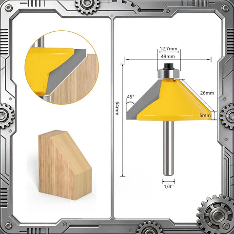 Top Shelf Five Piece Chamfer Router Bit Set With Quarter Inch Shank; angled chamfer bit for crisp bevel cuts, tungsten carbide tip.