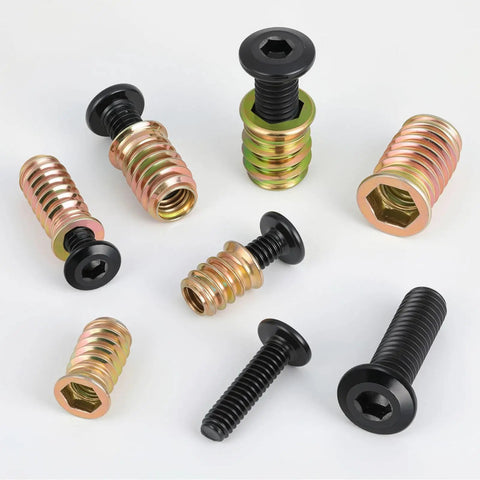 Woodworking Threaded Inserts and Bolts Kit For DIY Furniture Repair, 40 Sets, 1/4-20 x 19/32 Inch Inserts, screws, and hex socket bolts.