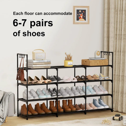Heavy Duty Black Metal Shoe Rack With Four Tiers And Three Rows, displaying organized sneakers and shoes in a stylish setup.