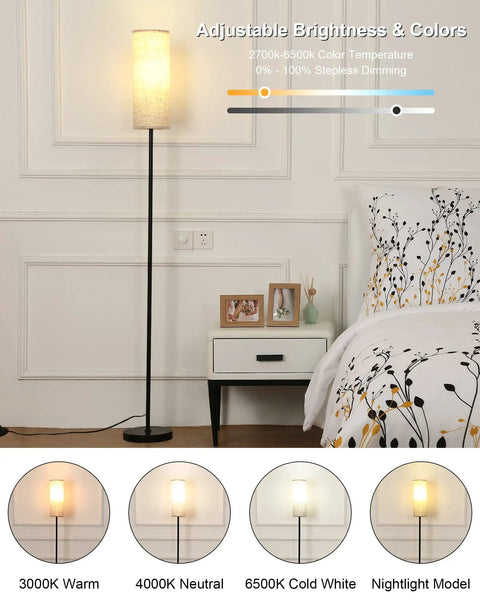 Tall RGB Smart Floor Lamp For Living Room, 67 Inch Dimmable Standing Lamp With Remote and WiFi App Control, lit next to bed.