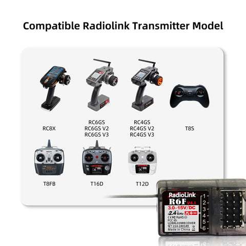 Compatible Radiolink transmitters and 2.4GHz R6F 6 Channel RC Receiver For Long Distance Control Of Cars And Boats.