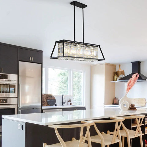Lit Black Crystal Chandelier Pendant Light For Dining Room And Kitchen Island above modern kitchen island