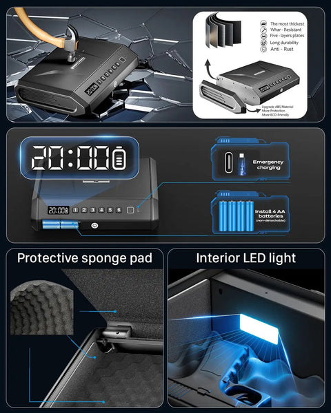 Rock Solid Biometric Pistol Vault Secure Fingerprint Handgun Locker With Built In Light And Silent Mode For Home Bedroom Or Pickup Truck Storage Aa Battery Powered showing internal features like LED light and protective sponge pad.