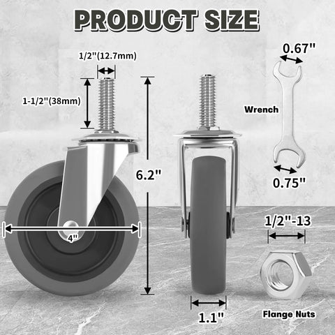 Product dimensions of 4 Inch Caster Wheels Set Of 4 With Standard Course Threaded Stem And One And A Half Inch Shaft Heavy Duty TPR Swivel Casters