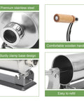 Collage of 3L Manual Sausage Stuffer In Stainless Steel, showing premium stainless construction, wooden handle, sturdy base, and refill feature.