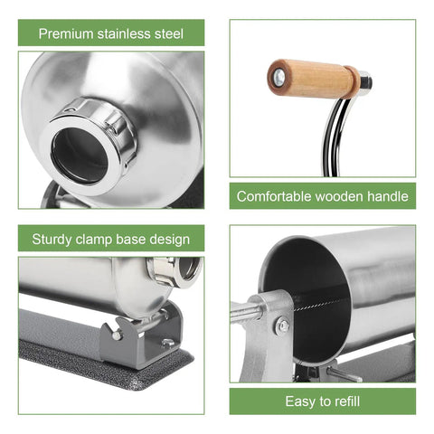 Collage of 3L Manual Sausage Stuffer In Stainless Steel, showing premium stainless construction, wooden handle, sturdy base, and refill feature.