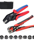 Ratcheting Crimping Tool Set 12 Piece With Wire Stripper And Changeable Jaws For Dupont JST MOLEX Open Barrel Terminals