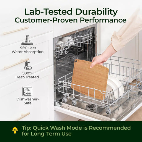 Person placing dishwasher safe carbonized bamboo cutting board with juice groove into dishwasher, highlighting ease of cleaning.