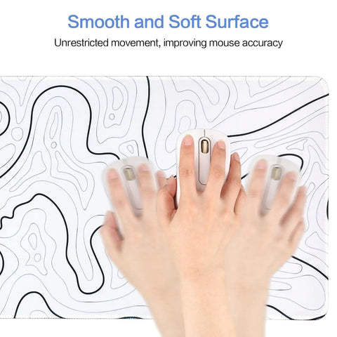 White Topographic Gaming Mouse Pad Desk Mat with hand using a mouse, extra long 31.5 by 11.8 inches ultra smooth breathable surface.