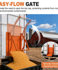 Solid Gear Sliding Grain Gate With Heavy Duty Discharge Chute For IBC Tote 9x9 with orange chute discharging grain into black bin.
