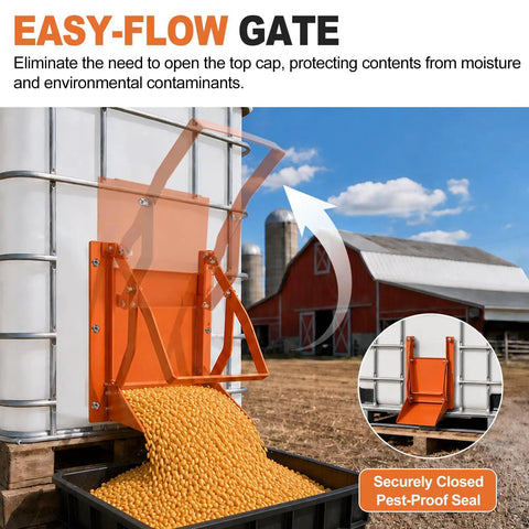 Solid Gear Sliding Grain Gate With Heavy Duty Discharge Chute For IBC Tote 9x9 with orange chute discharging grain into black bin.