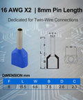 Diagram of Twin Wire Ferrules For 16 AWG Dual Wire Crimp Connectors In Black With Tin Plated Copper Pin Terminals