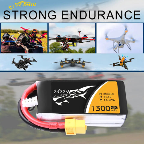 11.1V 1300mAh 45C LiPo Battery Pack With XT60 Plug shown with FPV drones like Wizard X220 and QAV250 in background