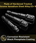 Impact Socket Adapter Set One Quarter Inch, Three Eighths Inch, And One Half Inch With Holder, Chrome Vanadium Steel Built Tough For DIYers And Pros On Auto And Home Projects, displayed with corrosion-resistant coating.