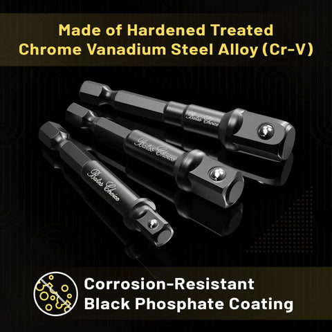 Impact Socket Adapter Set One Quarter Inch, Three Eighths Inch, And One Half Inch With Holder, Chrome Vanadium Steel Built Tough For DIYers And Pros On Auto And Home Projects, displayed with corrosion-resistant coating.