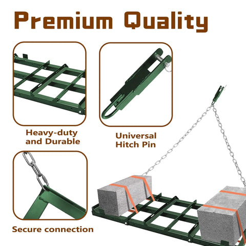 Heavy Duty Drag Harrow Driveway Grader For Gravel Tow Behind Lawn Rake For ATV UTV Tractor And Mower showing frame and hitch pin.
