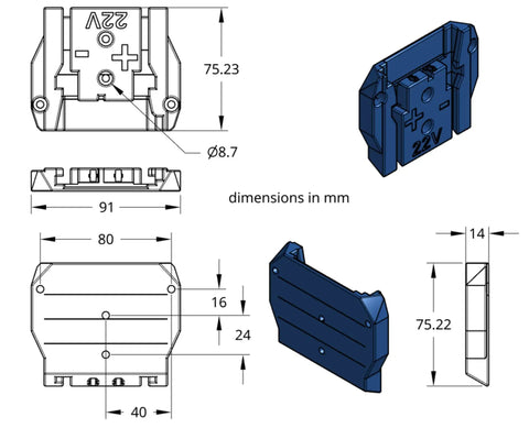 Technical drawing of 10AWG Red Battery Dock Adapter For 22V Battery Pack Power Connector Robotics Hookup Ready Outdoor