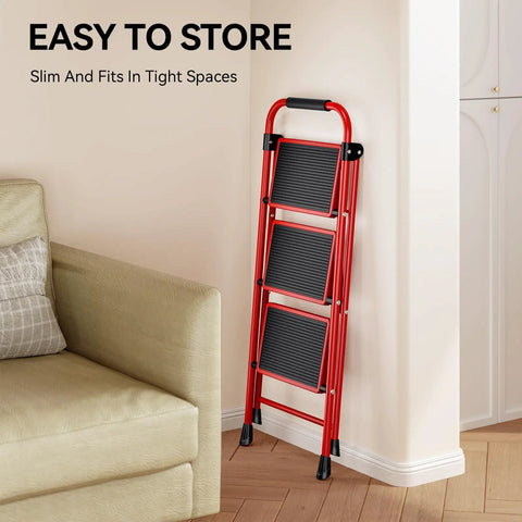 Lightweight 3 Step Folding Ladder With Non Slip Wide Pedals And Handy Handle Beefy Heavy Duty Steel Build Red Finish 333 Lb Capacity Fully Assembled And Ready To Use against wall