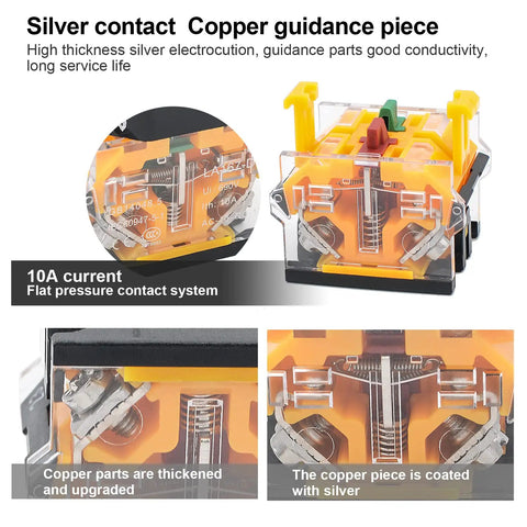Close-up view of red pushbutton switch box showing intricate internal components with silver contacts and copper guidance pieces.