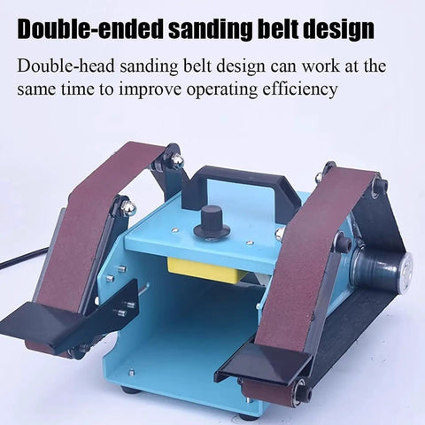 UILMLIO Mini Belt Sander, Benchtop Belt Polisher w Adjustable Table, 950W High Power Motor for dual-head sanding efficiency.