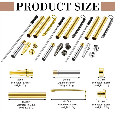 Slimline Pen Kit Set 30 Wood Turning Twist Pen Kits with refills shown with components in gold and silver.