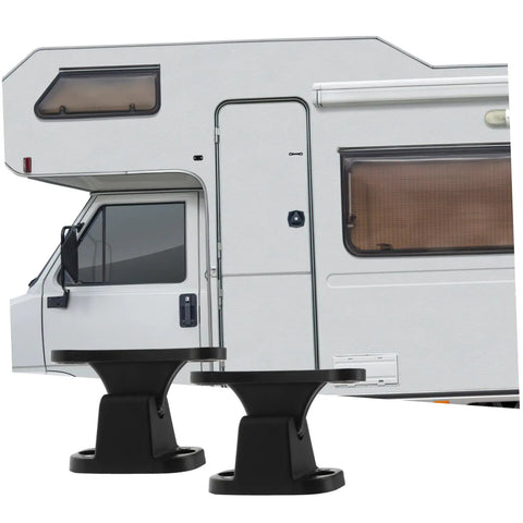 Two Pack RV Door Holder Black T Shaped Nylon Retainer Kit in front of RV camper door