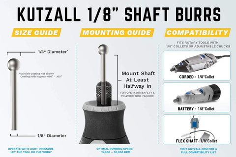 Kutzall 1/8" shaft burrs size guide, mounting instructions, and compatibility with rotary tools like Dremel and DeWalt.