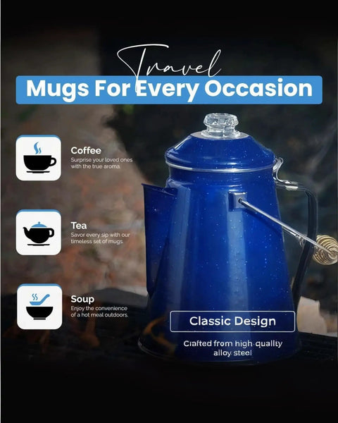 Durable Classic Enamel 12 Cup Coffee Percolator With Two Mugs for camping, shown in bold blue on open fire grill.