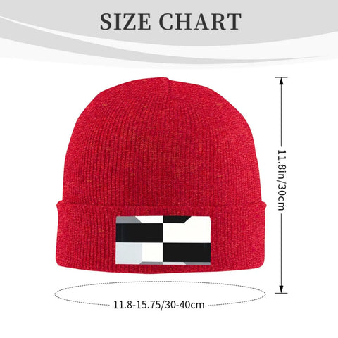 Size chart for Black And White Piano Plate Grid Knit Beanie Soft Acrylic Winter Hat For Freezing Temperatures, shown with dimensions.
