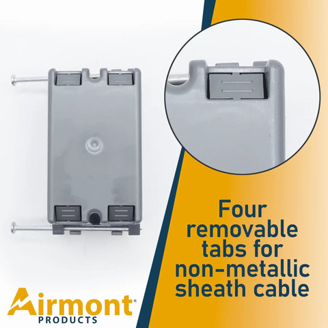 Grey Plastic Electrical Box 1-Gang New Work Junction Box with four removable tabs visible