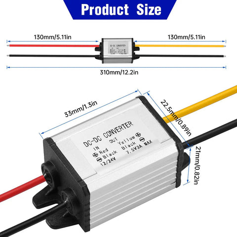 Premium DC-DC Buck Converter Step-Down Voltage Regulator Cranks Out 7.5V At 3 Amps dimensions and wiring details for stable power.