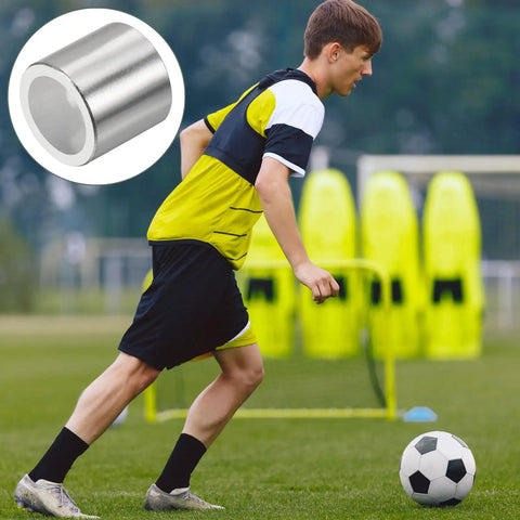 Eight Pcs Inline Axle Bearing Spacers Kit For Roller Skates shown with soccer player; 8mm spacers, silver, 11x8.1x10.3mm dimensions