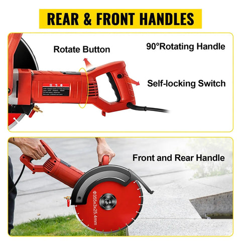 1800 Watt Electric Concrete Saw With 14 Inch Diamond Blade Wet Or Dry Circular Saw showing rear and front handles and self-locking switch.